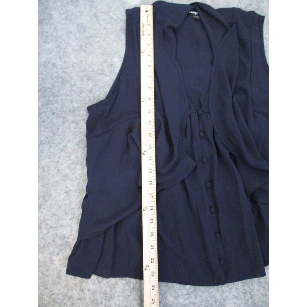 Express Button Front Sheer Sleeveless Navy Blue Blouse Womens L Ruffled - Picture 13 of 14